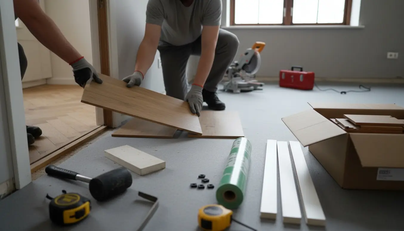 Hænder sammenligner og lægger matchende klikparket i det sidste værelse med værktøj og fodlister klar.