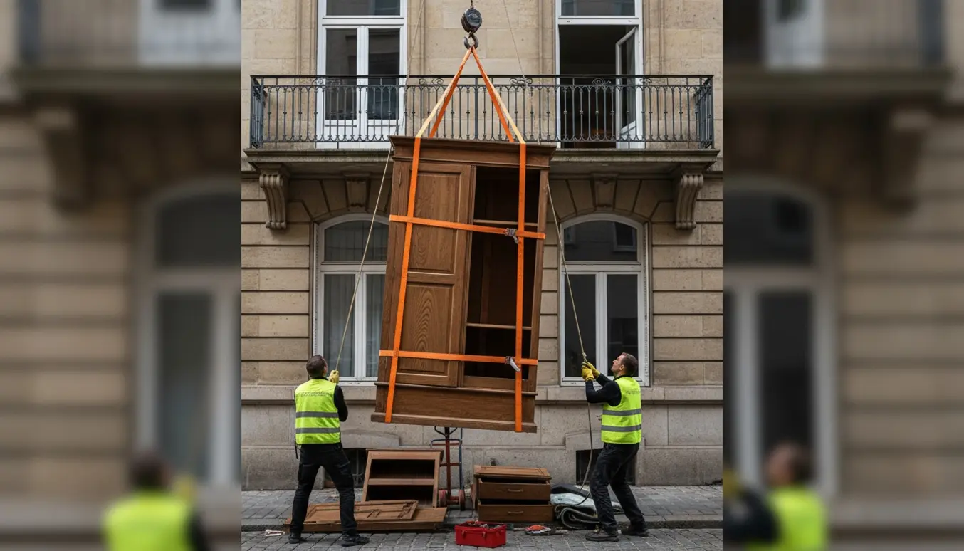 Et stort garderobeskab løftes op til 2. sal med stropper og talje, mens døre og hylder ligger klar på fortovet.