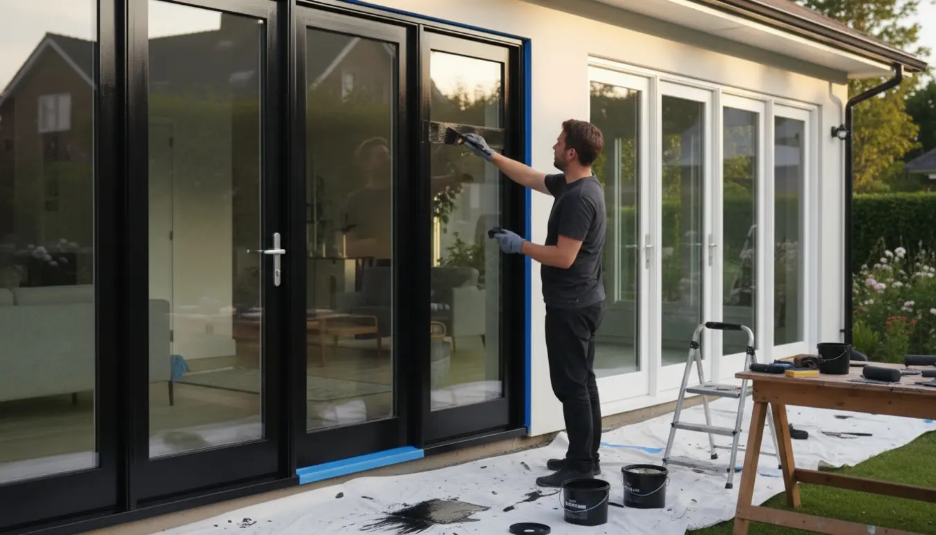 Udendørs facade med store vinduesrammer og døre, hvor hvide rammer bliver malet sorte med pensel og malerværktøj i forgrunden.
