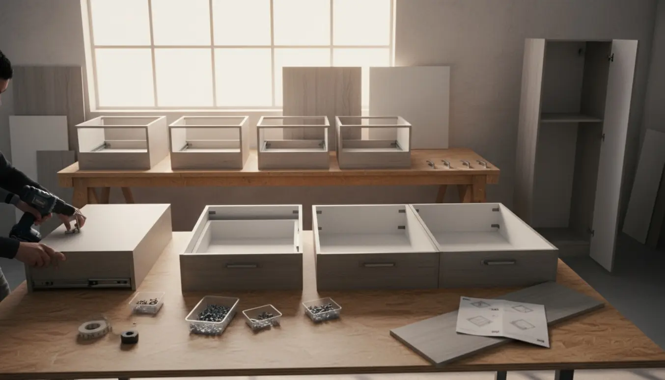 Hænder samler otte køkkenskabe på et lyst værksted med døre, skuffer og greb klar til montering.