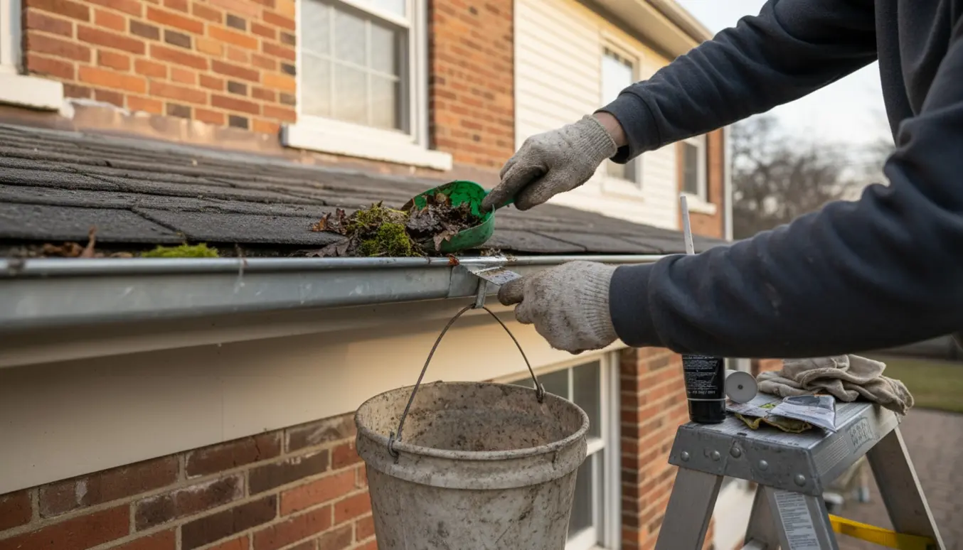 Person på høj stige renser og lapper tagrenden på et to-etagers hus med høj kælder.
