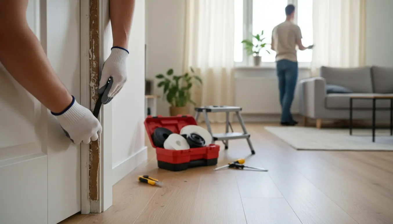 Hænder udskifter tætningslister på vindue og dør i et lyst, moderne hjem.