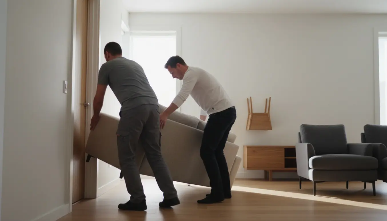 To personer skubber en sofa gennem en smal døråbning i et lyst hjem, omgivet af møbler, der flyttes.