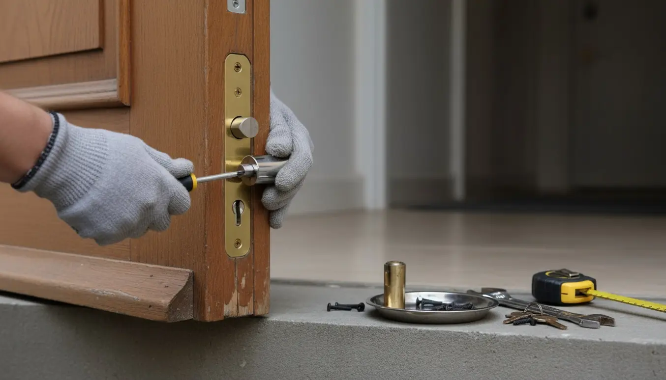 Nærbillede af hænder, der monterer en ny låsecylinder i en hoveddør med værktøj ved siden af.