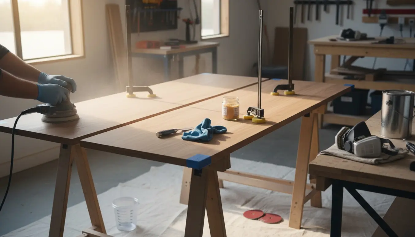 Tæt billede af et træbord med to tillægsplader på savbuk, klar til slibning og autolakering i et lyst værksted.