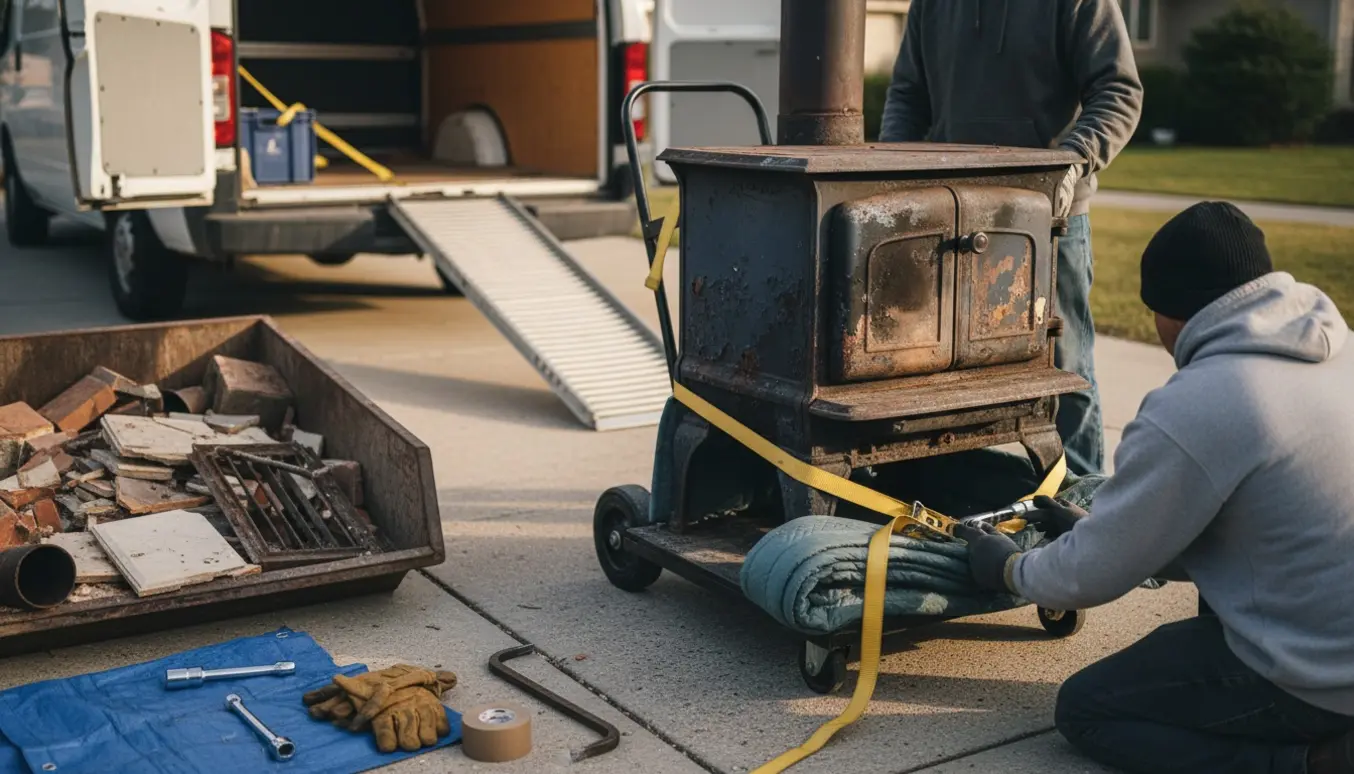 Udtjent brændeovn sikret på en sækkevogn og læsset ind i en varevogn på indkørslen.