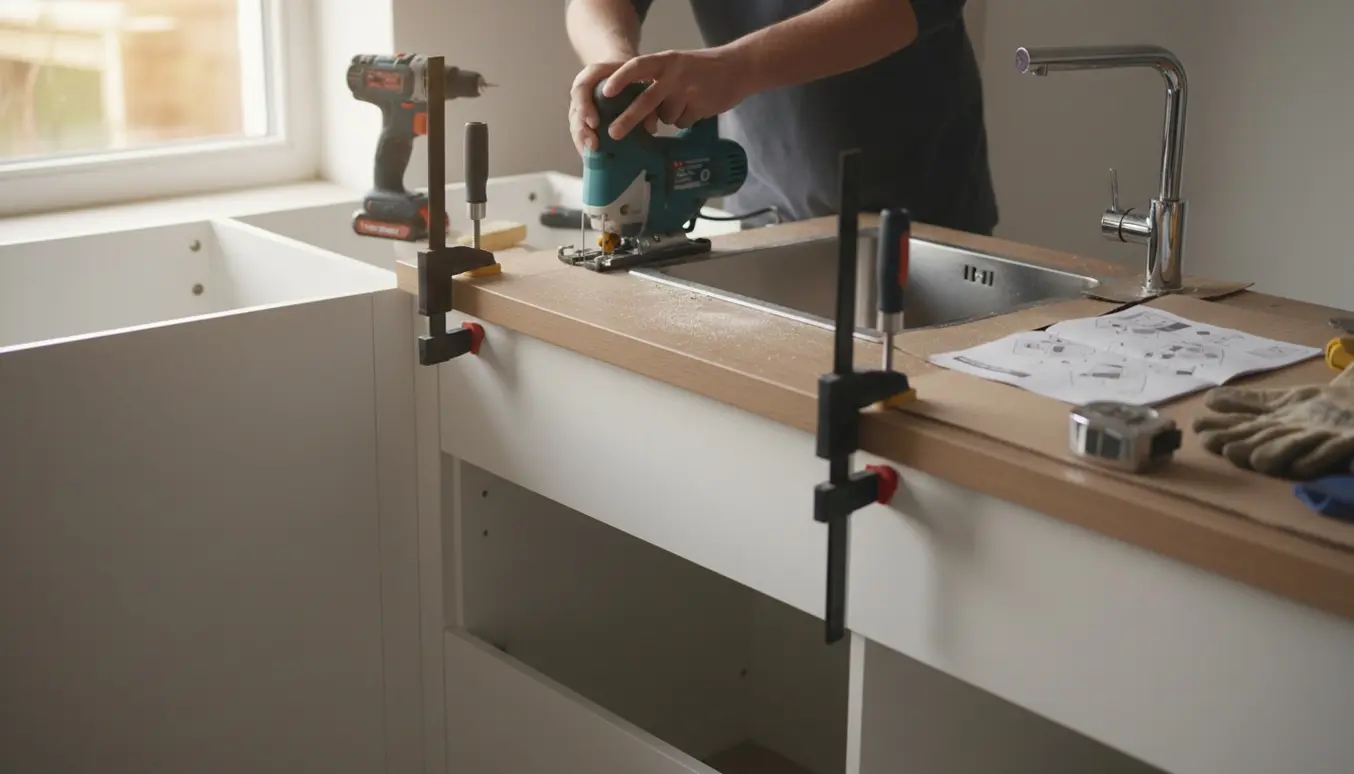 Hænder fører en stiksav og udskærer en bordplade til vask over delvist monterede fladpakkede køkkenskabe.