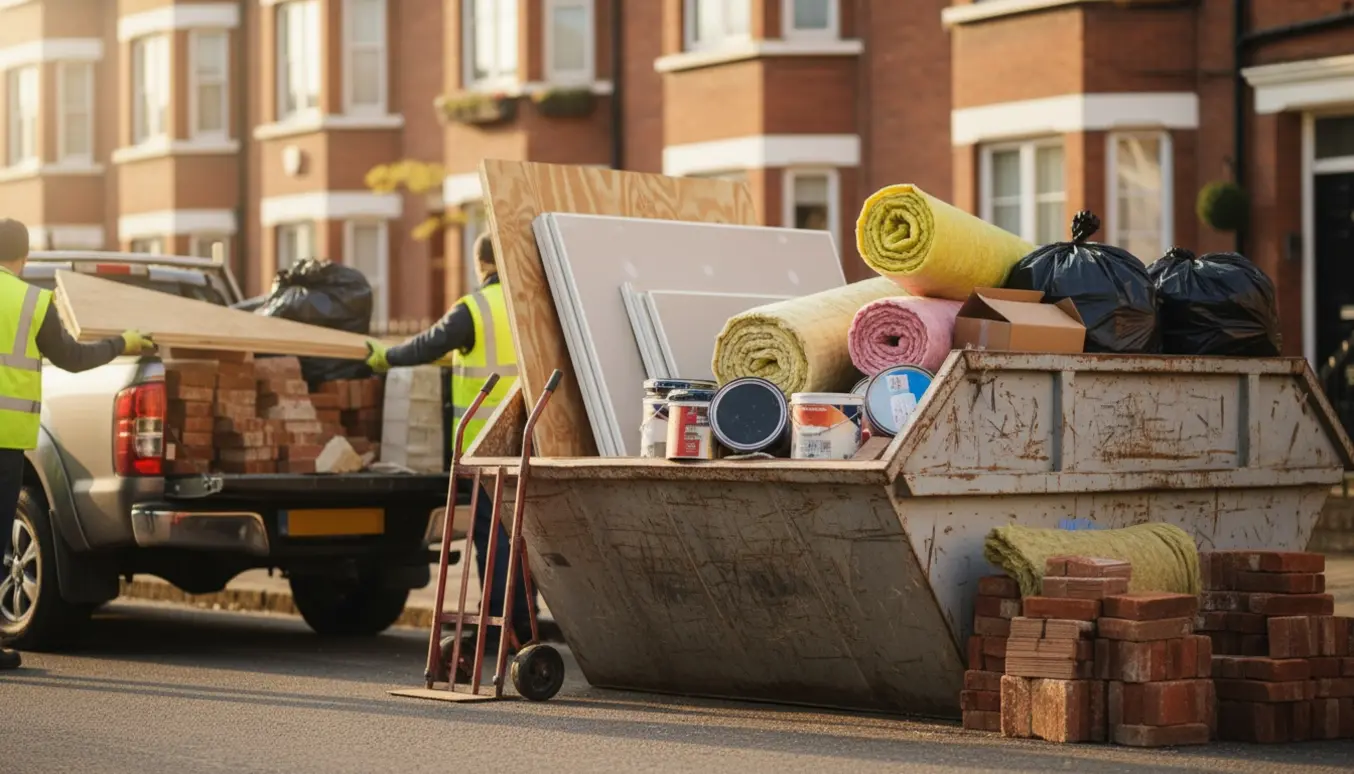 Curbside-container og pick-up lastes med byggematerialer og flytteaffald foran en bolig.
