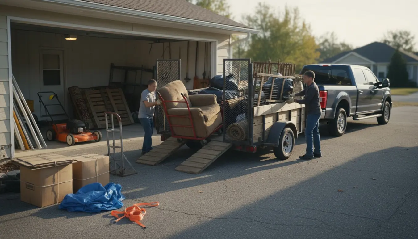 Åben trailer bag en pickup ved en carport, lastet med gamle møbler og haveaffald klar til forbrænding.