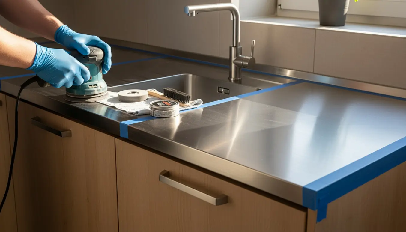 Stålbordplade i køkken halvvejs slebet med det ene område mat og det andet glanspoleret.