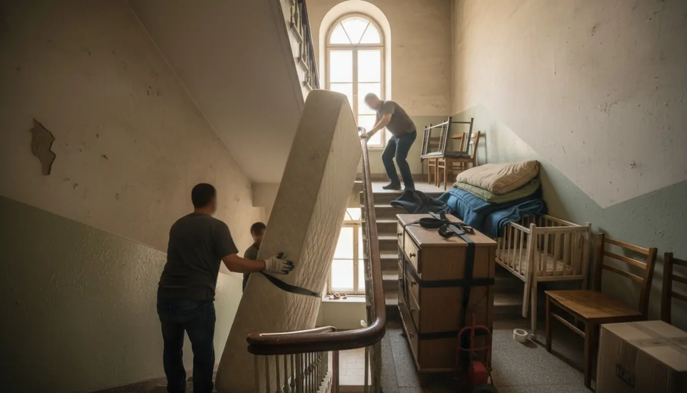 Flyttefolk bærer seng, kommode og sofa ned ad en smal trappe i en opgang uden elevator.