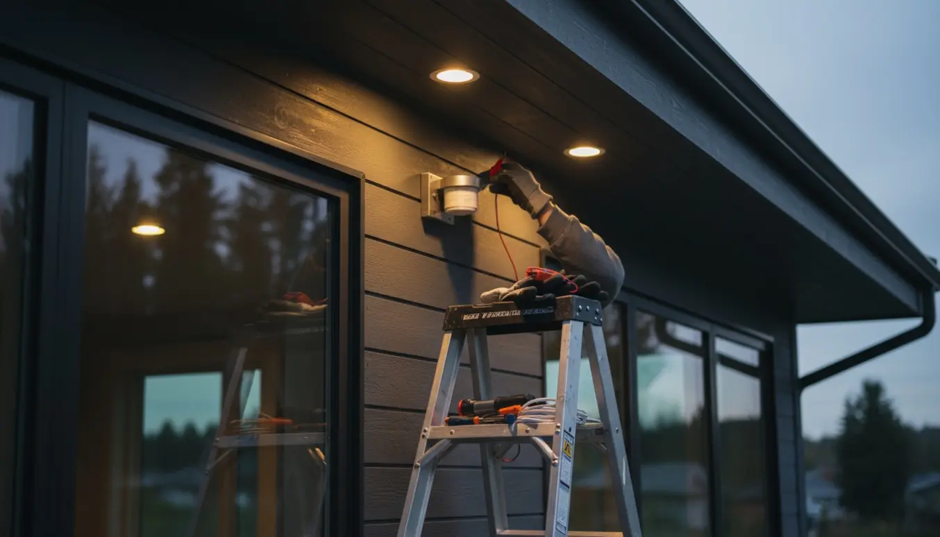 Hænder på en stige tjekker tre spots i tagudhæng, hvor en sensorlampe og et indendørs spot er slukket.