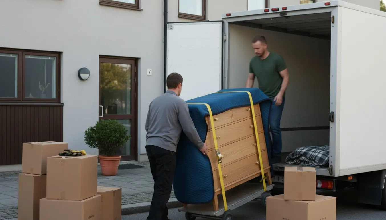 To flyttemænd bærer en trækommode fra en flyttevogn mod en lejlighedsindgang, ansigter ikke tydelige.