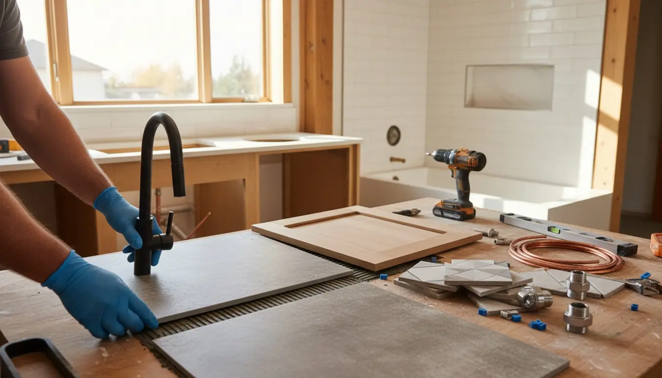 Værktøj, materialer og arbejdshænder ved totalrenovering af badeværelse og køkken i et lyst rum.