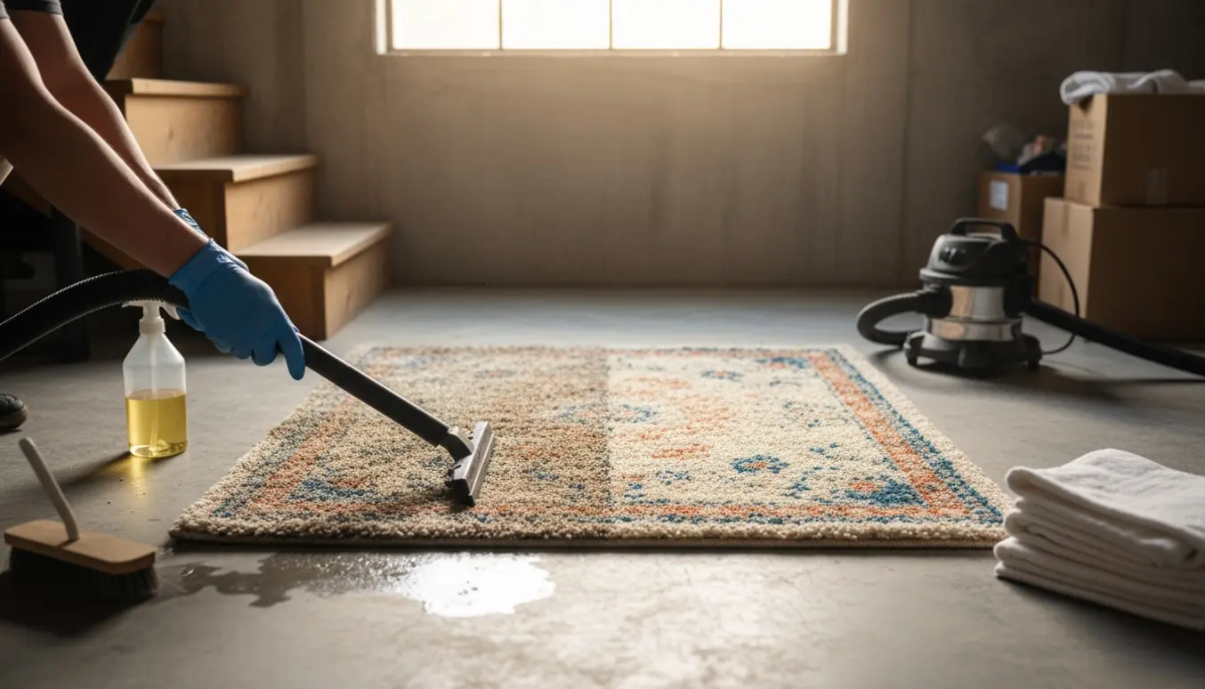 Et lille kælderrum med et tæppe, hvor den ene side er snavset og den anden side er frisk renset med en damprensningsmaskine.