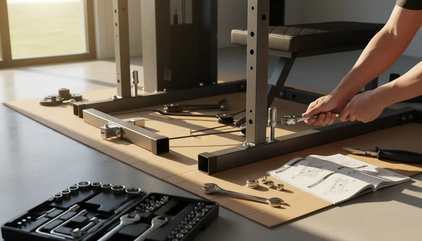 Nærbillede af samling af en multistation træningsmaskine med værktøj og manual på gulvet.