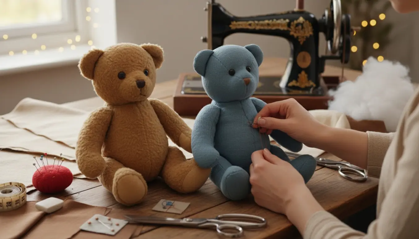 Ny syet bamse ved siden af en slidt original på et sybord med stof, tråd og symaskine.