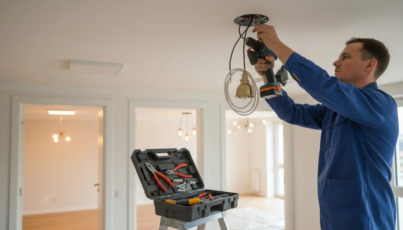 Hænder monterer en loftslampe på en stige i et lyst rum med værktøj og flere opsatte lamper i baggrunden.