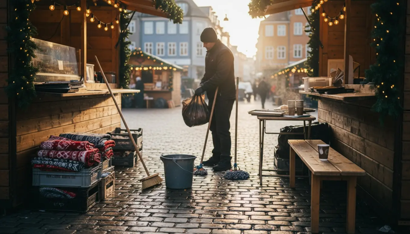 Tidligt morgenbillede af oprydning i en julemarkedbod på Højbro Plads med fejebørste og affaldssæk.