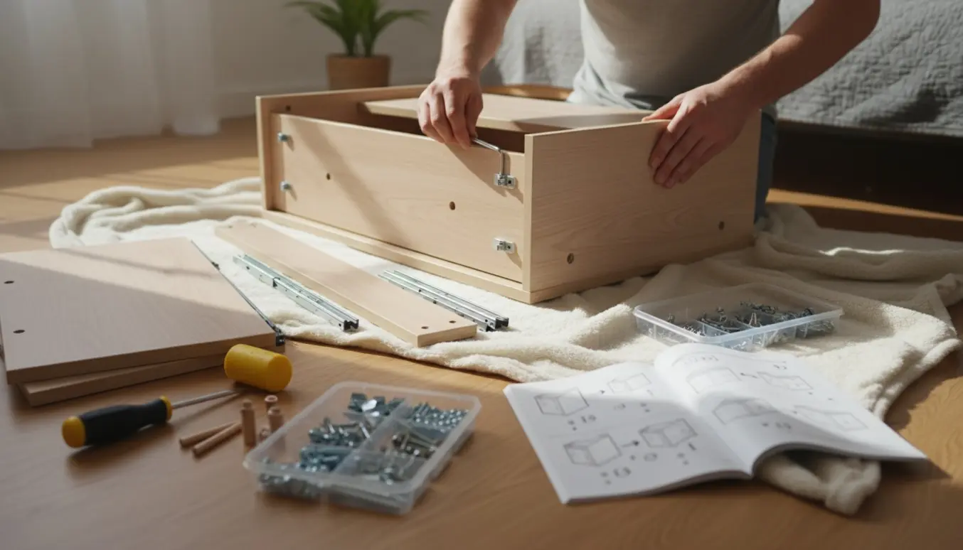 Hænder samler en delvist samlet kommode på et tæppe med værktøj og træpaneler i et lyst soveværelse.