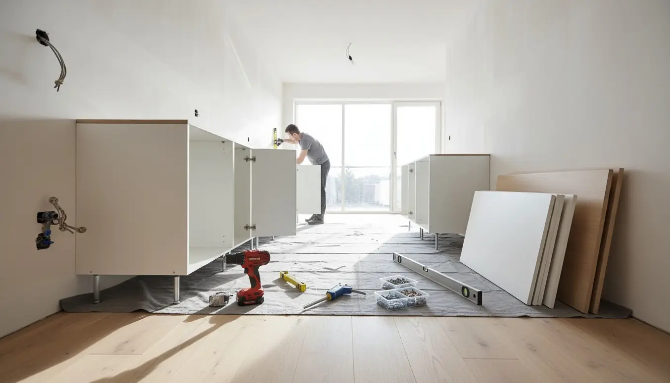 Håndværker monterer fladpakke-køkkenskabe i et lyst, forberedt køkkenrum.