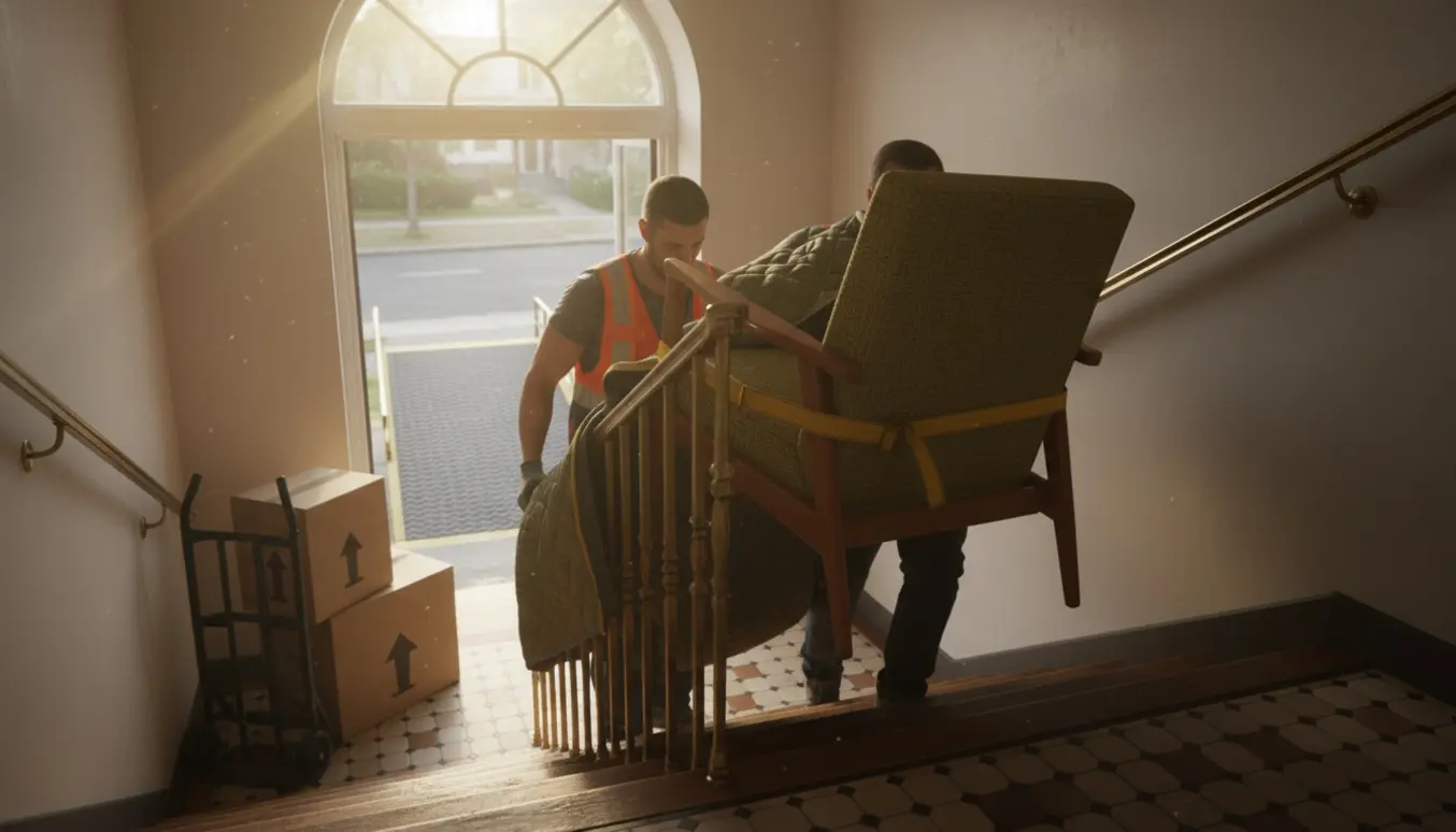 To flyttefolk bærer en indpakket lænestol ned ad en trappe mod en åben flyttevogn på en rolig villavej.