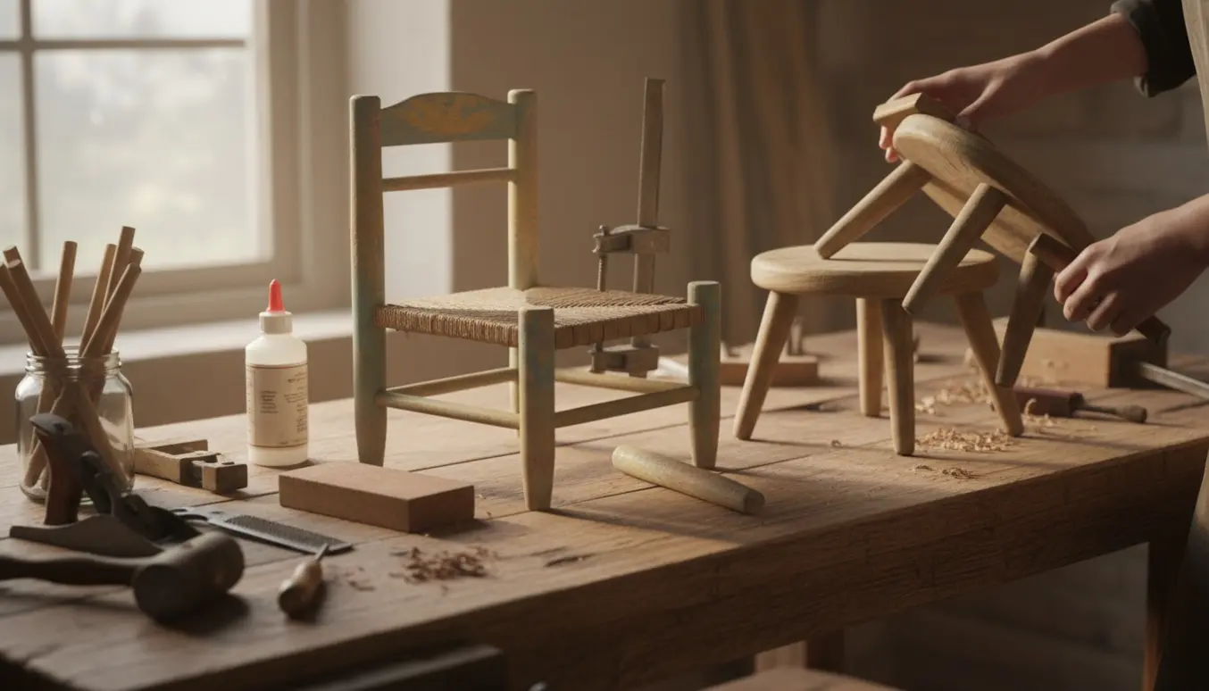 Børnestol med fletsæde uden et rundstokben og en ustabil taburet på et værksted med værktøj.