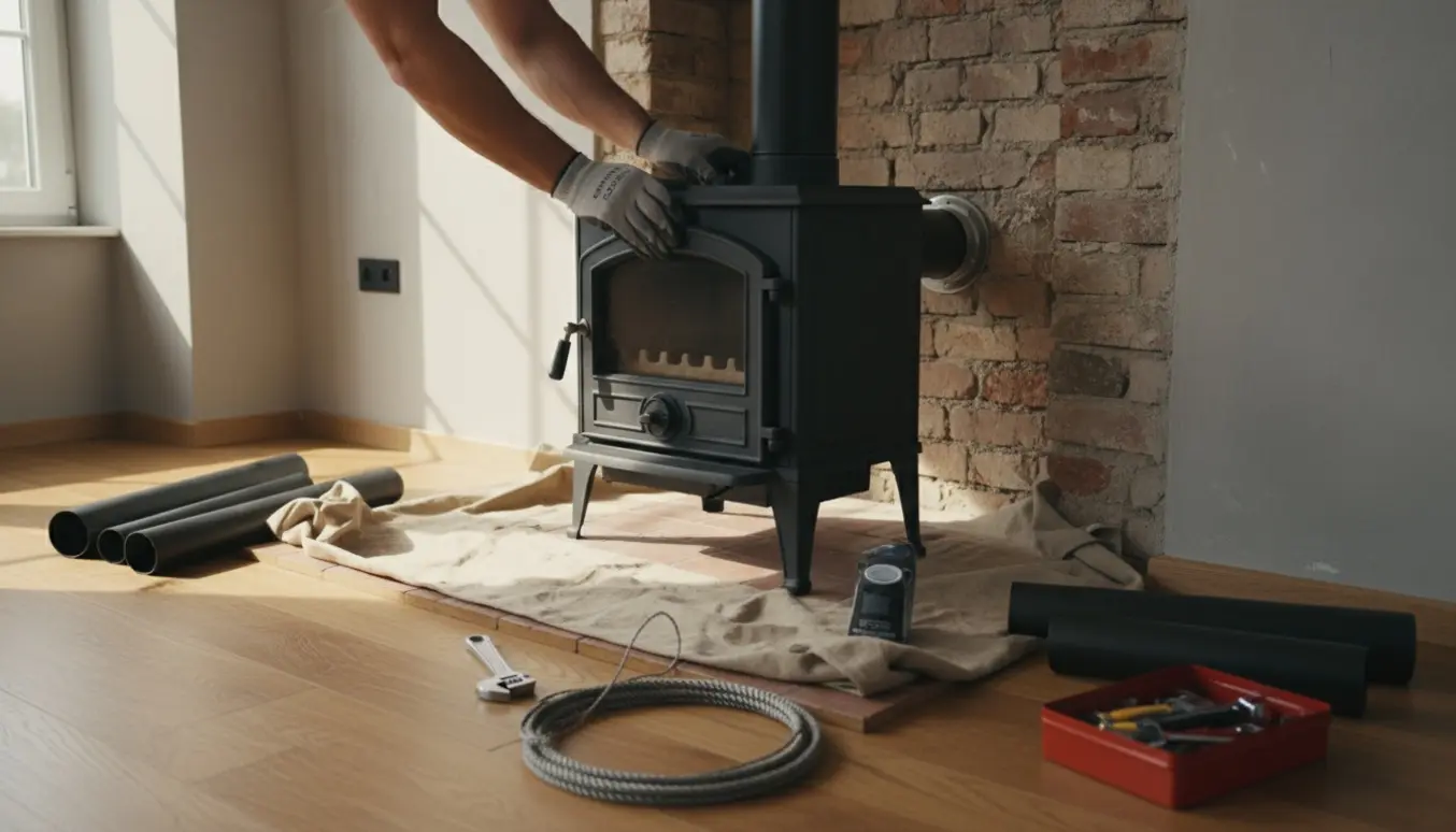 Hænder i handsker tilslutter et sort brændeovnsrør til en brændeovn i en villa.
