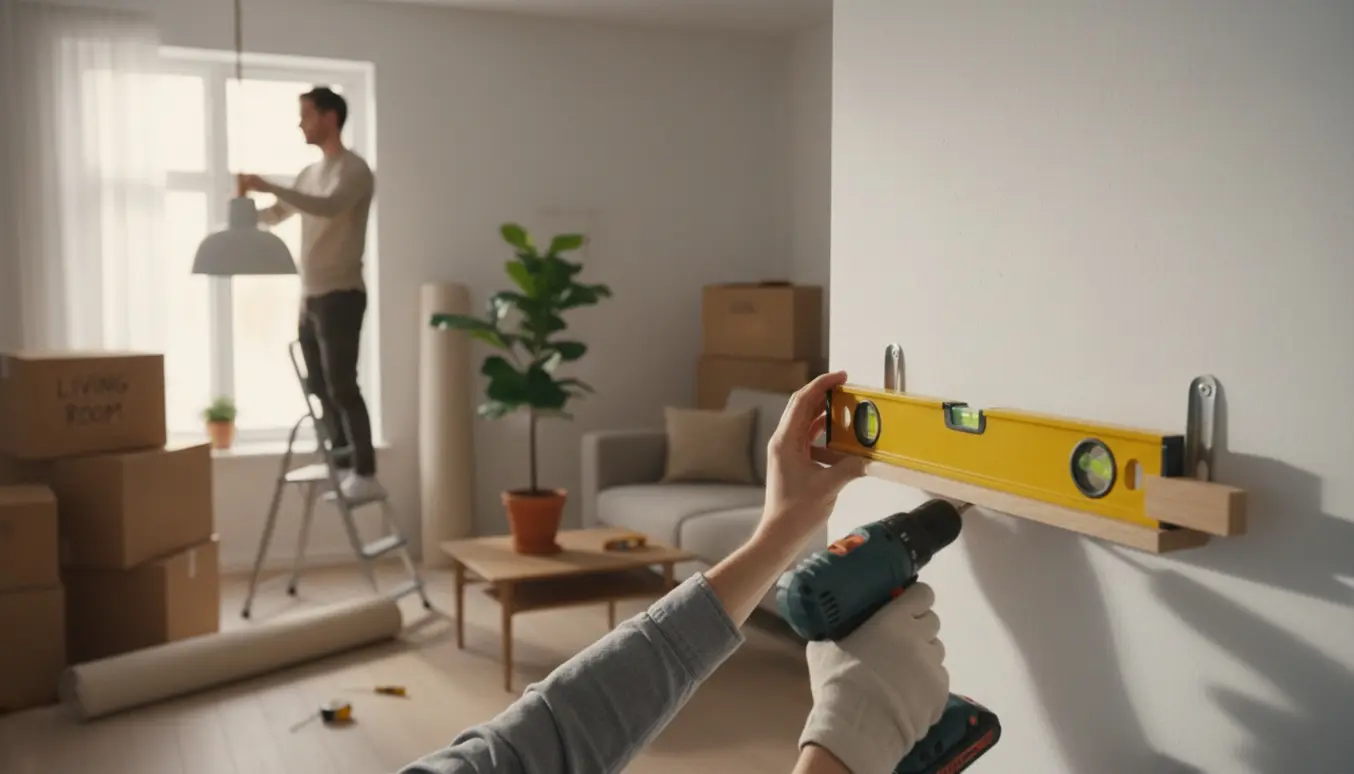 Hænder monterer en hylde og hænger en lampe op i en lys stue under indflytning.