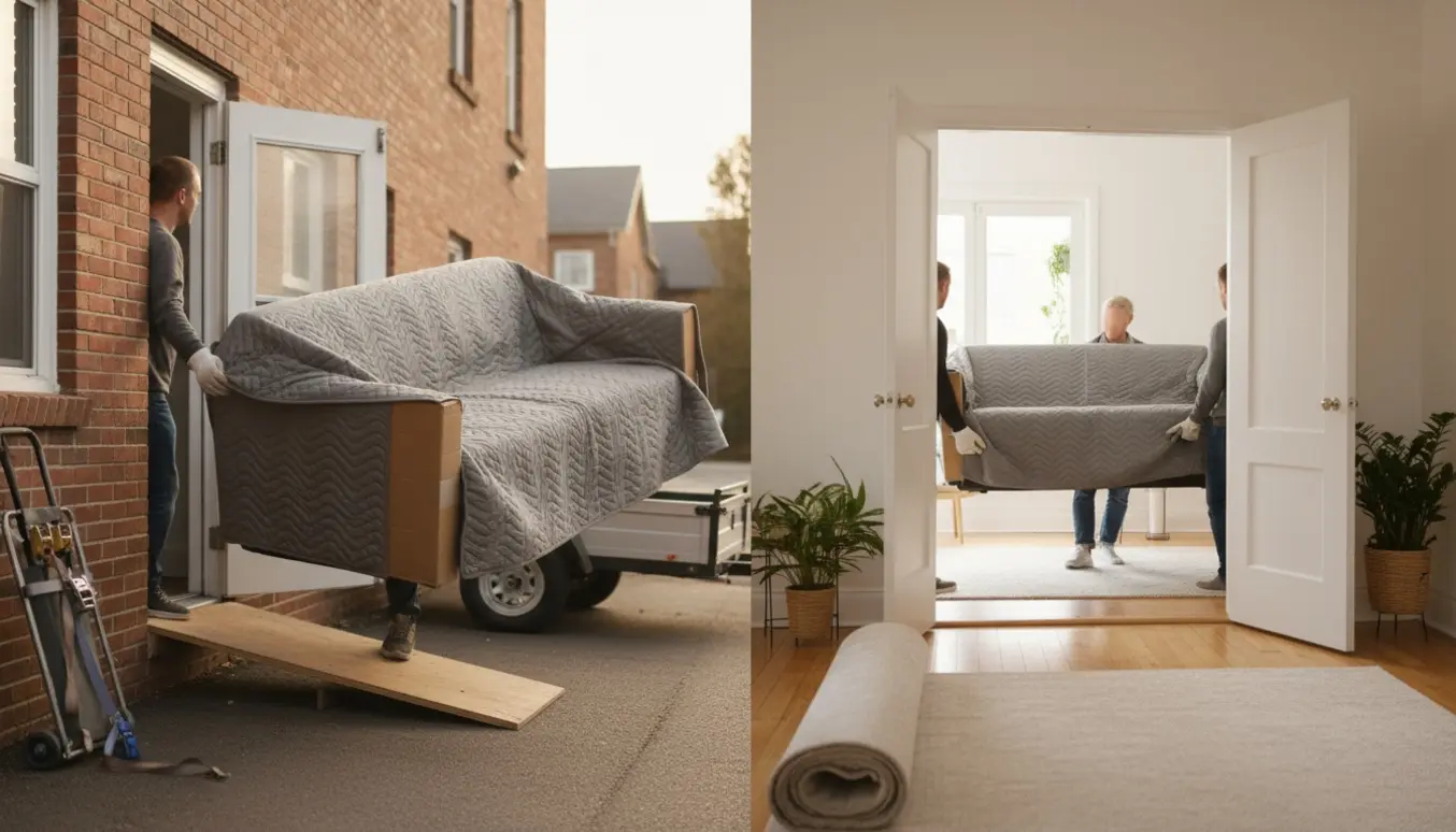 To personer bærer sofaer fra en stuelejlighed over i en åben trailer, mens ejeren hjælper med den ene ende ind i en lys ny stue.