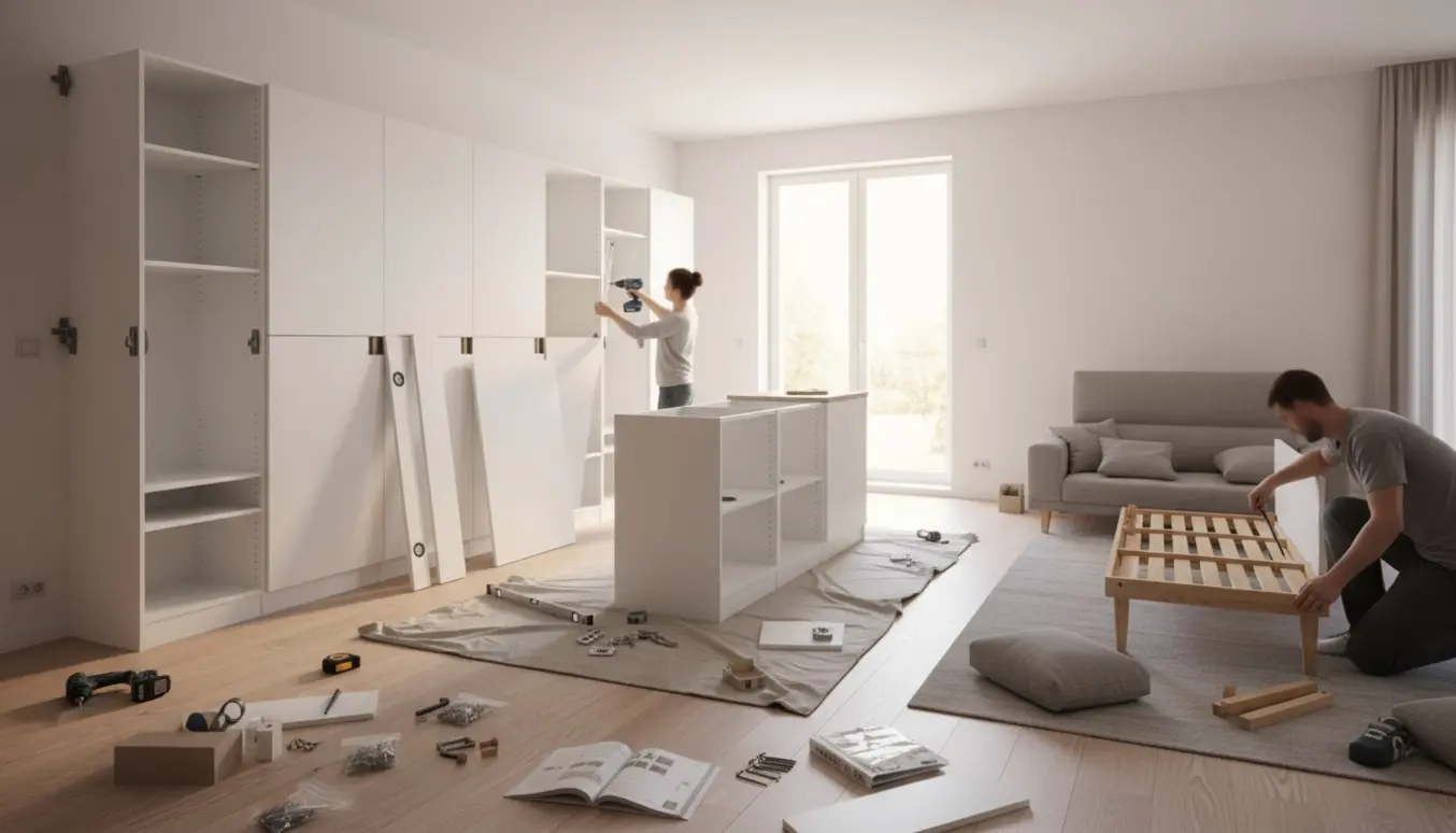 Samling af et stort PAX-garderobesystem, et fritstående køkkenmodul og en sofa i et lyst hjem med værktøj og dele spredt omkring.