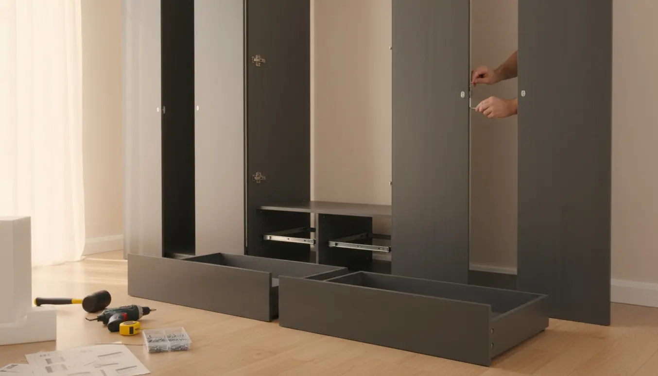 Delvist samlet mørkegråt modulskab med to skuffefronter og værktøj i et lyst soveværelse.