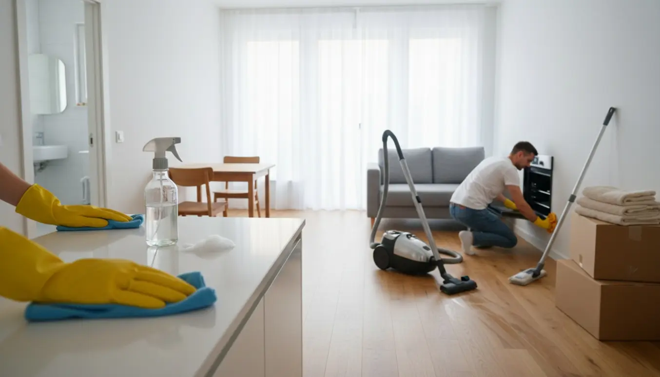 Nogen i gule handsker pudser køkkenbord i en lys, ryddet lejlighed klar til nye lejere.