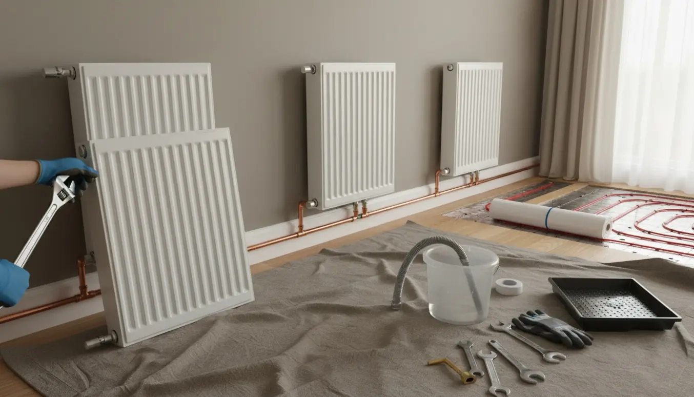 Håndværker afmonterer en radiator med værktøj, tre radiatorer langs væggen og synlige rør til senere gulvvarme.