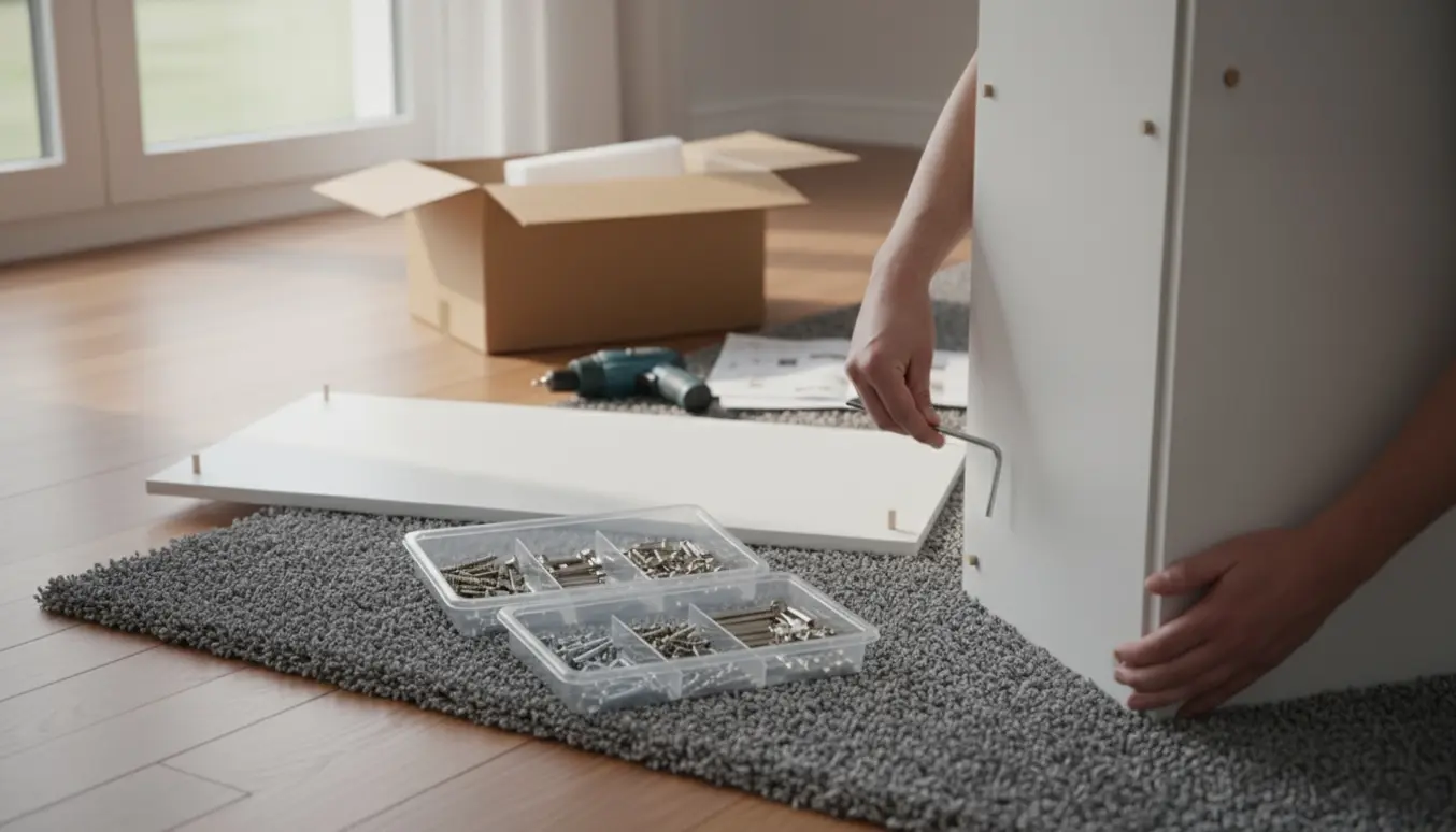 Hænder samler et nyt fladtpakket skab med paneler, skruer og værktøj på et stuegulv.
