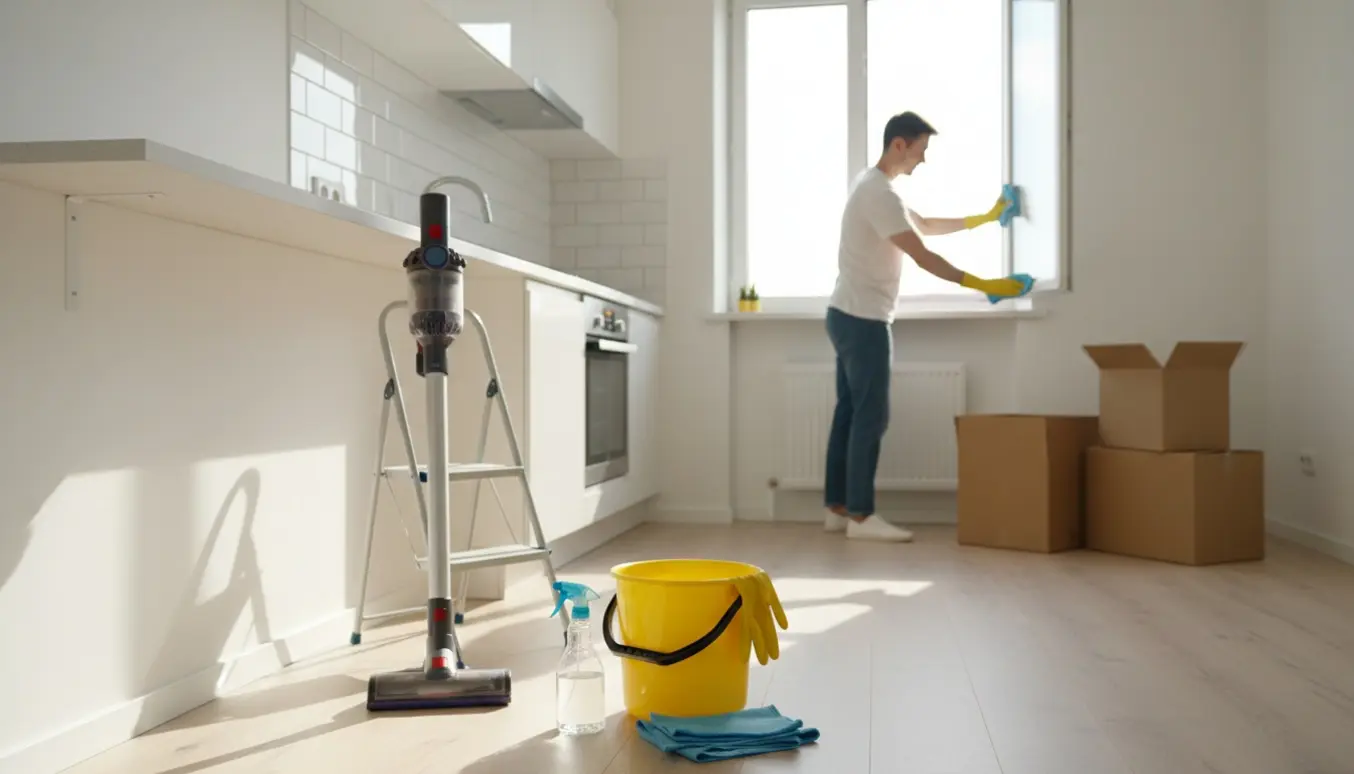 Rengøringsudstyr og gloved hænder gør rent i en næsten tom lejlighed ved udflytning.