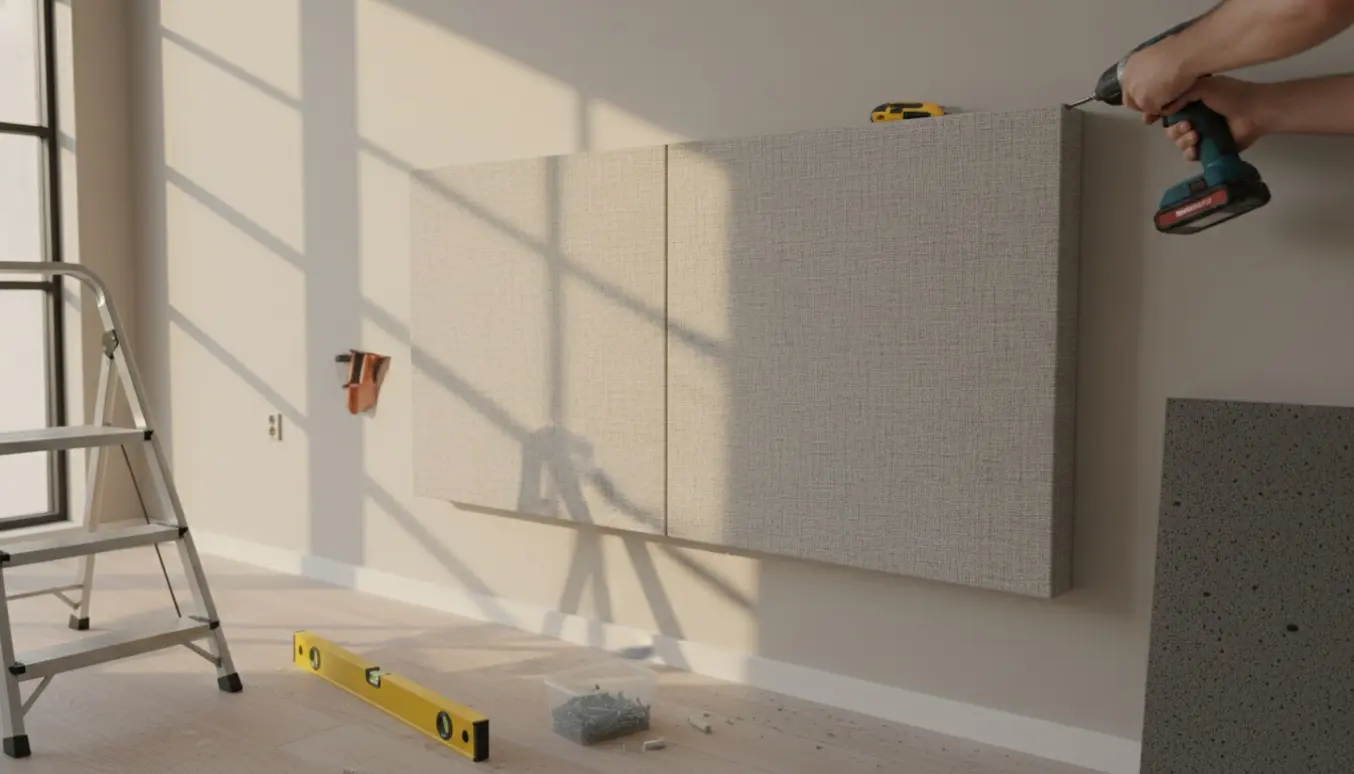 Hænder fastgør stofbetrukne akustikpaneler på en væg med en boremaskine og skruer i dagslys.