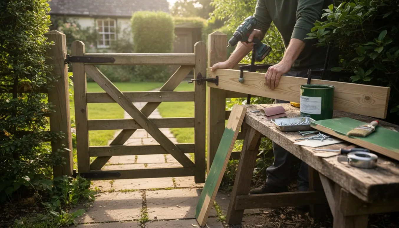 Delvist repareret træhavelåge med nyt malet bræt og værktøj i en solrig have.