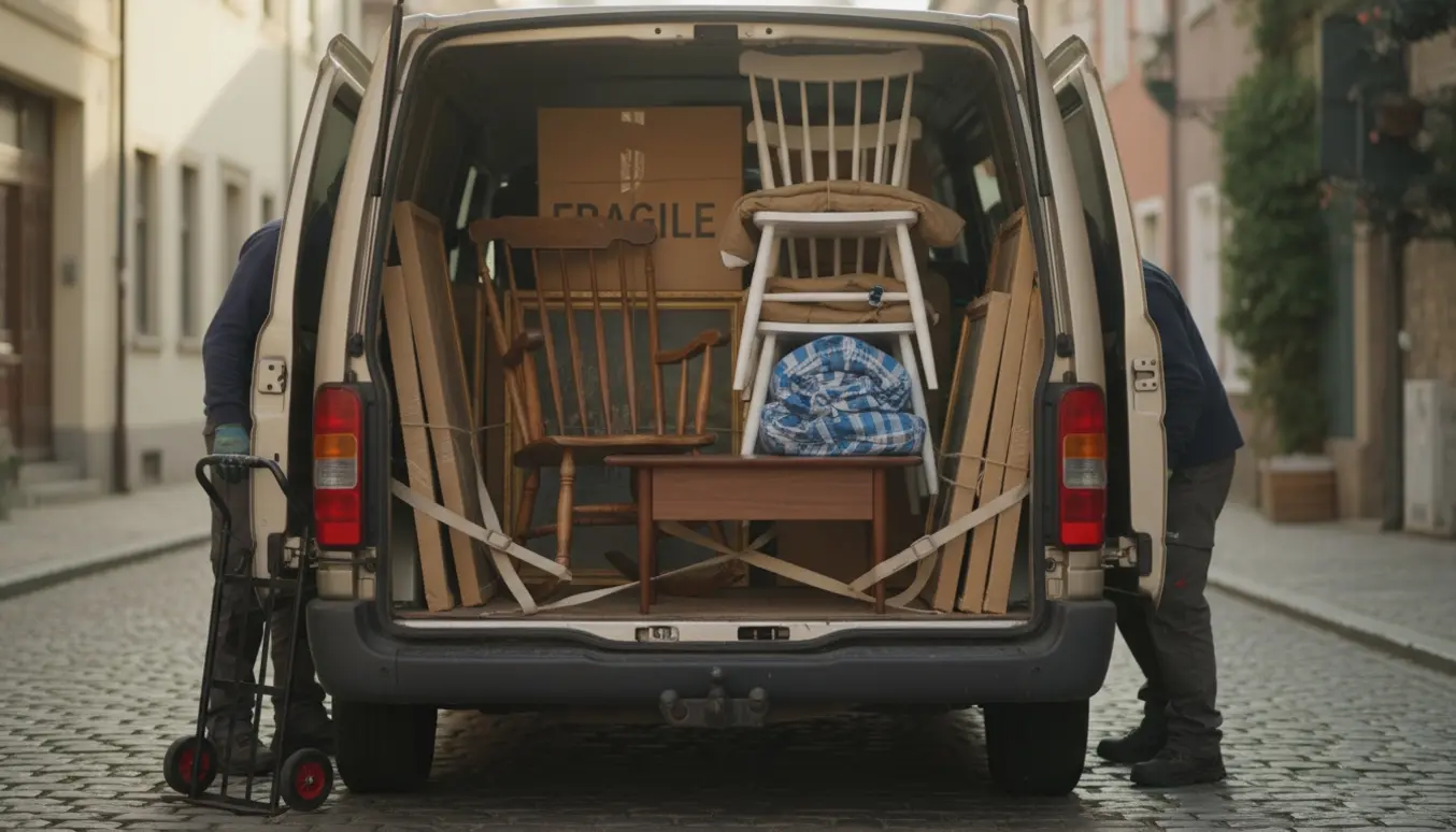 Åben flyttebil med gyngestol, sofabord, fire pindestole, indpakkede malerier og flyttekasser i blødt morgenlys.