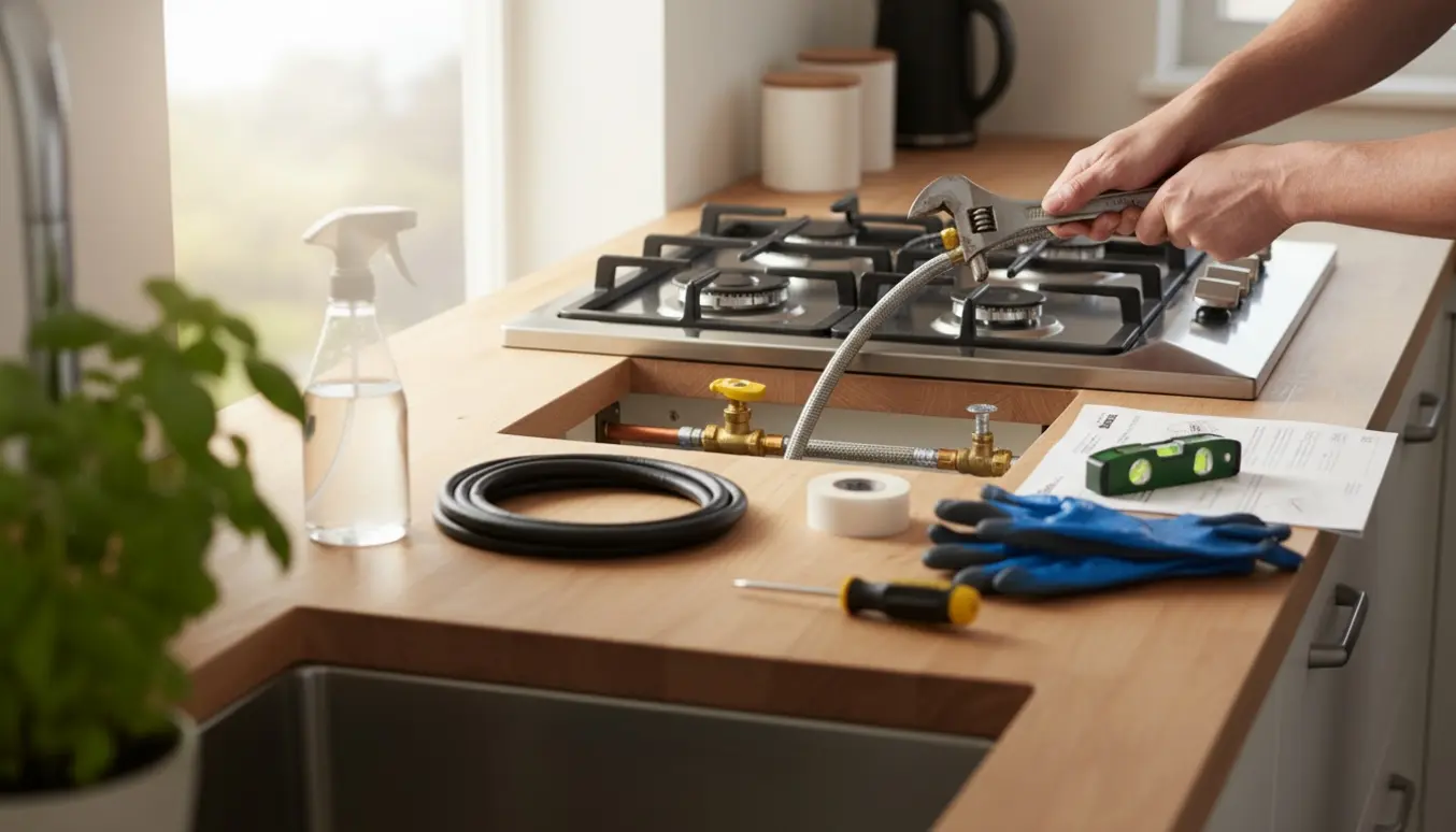 Hænder tilslutter et gaskomfur i et lyst køkken med værktøj og gasforsyning synlig.