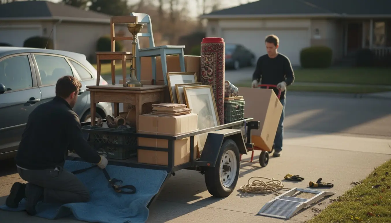 Lille trailer fyldt med gamle møbler og kasser, læsses på indkørsel klar til genbrugsstation.