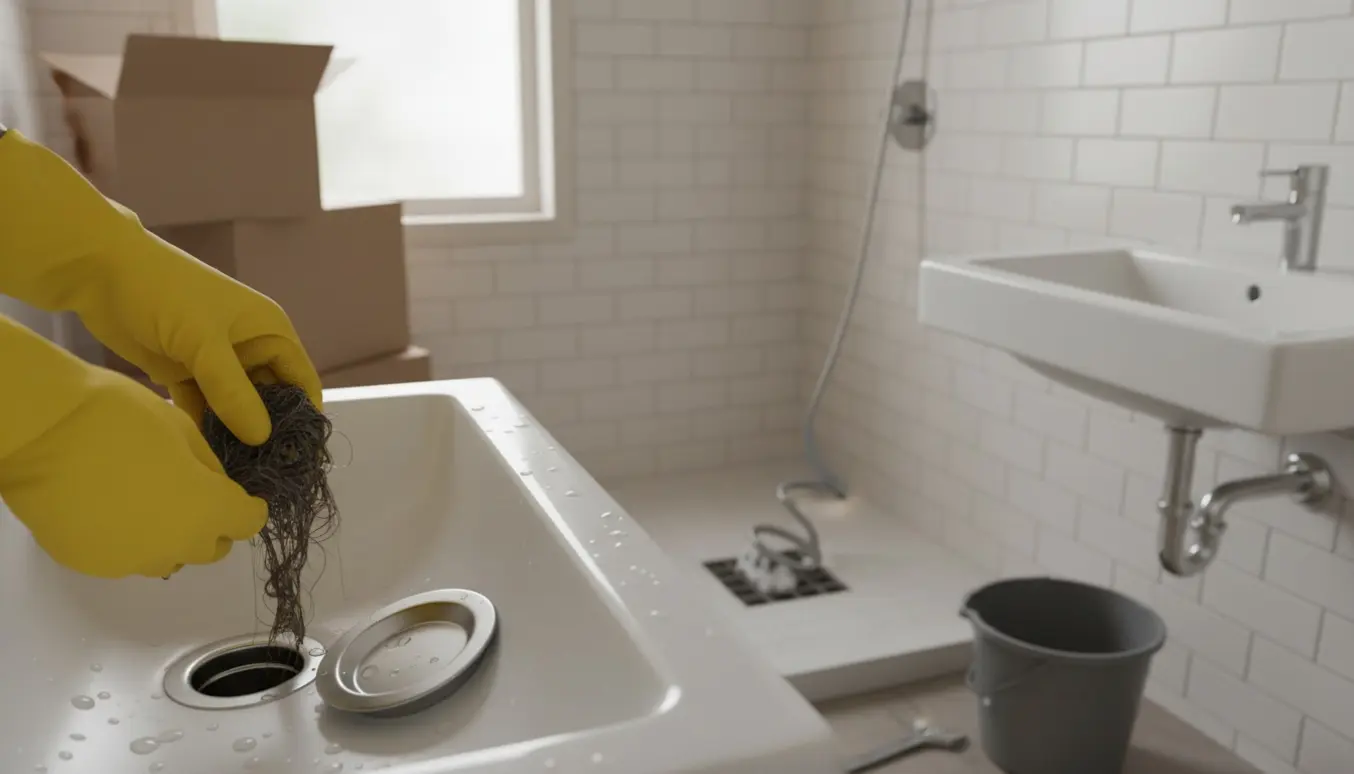 Hænder i gummihandsker renser håndvask- og bruseafløb i et nyindflyttet badeværelse med værktøj og flyttekasser i baggrunden.