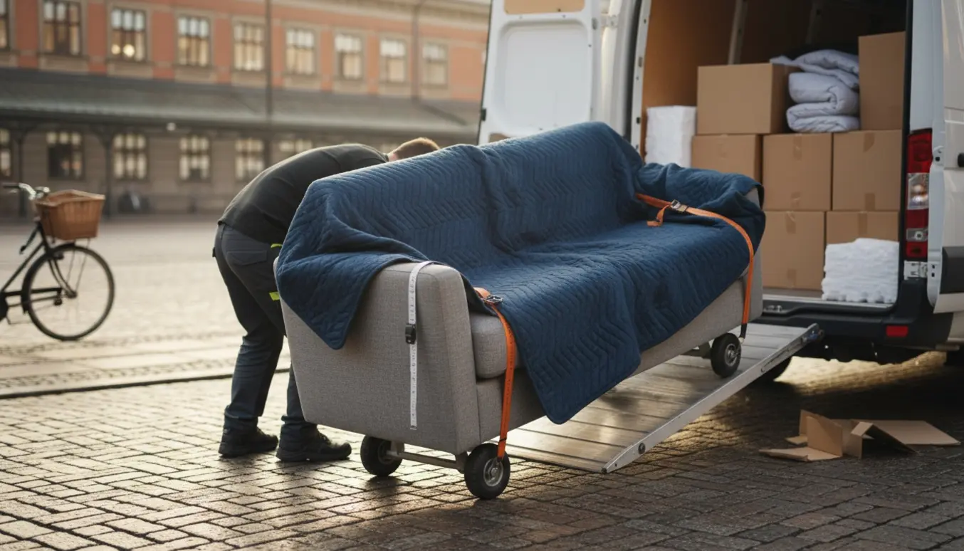 En mellemstor sofa bliver læsset ind i en varevogn på en københavnsk gade nær en station.