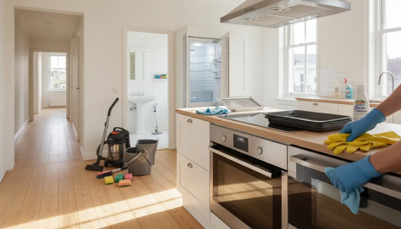 Tom soloplyst lejlighed med rengøringsudstyr, åben ovn og skinnende badeværelse i baggrunden.