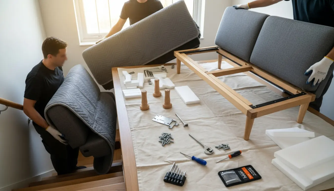 To personer bærer og samler en splittet sofa op ad en trappe med værktøj og beskyttelsesdækkener på reposet.