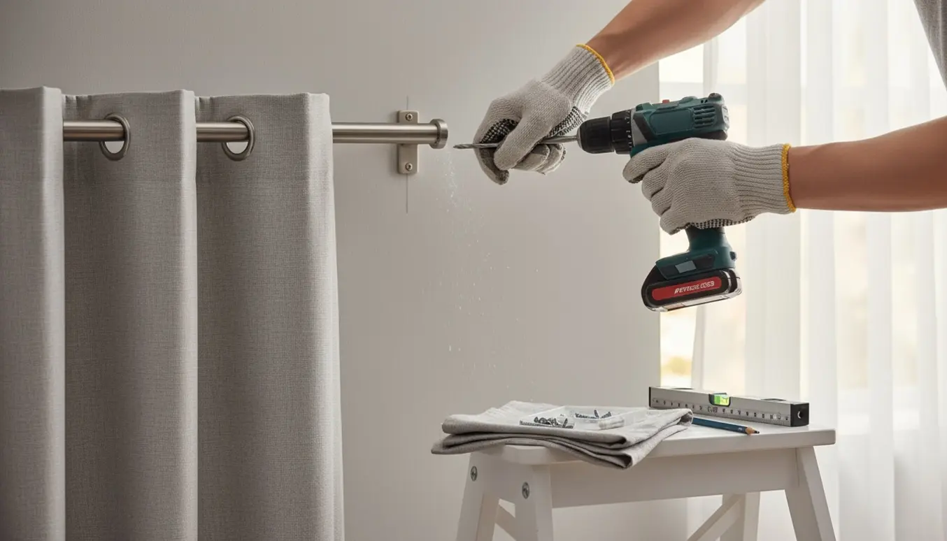 Nærbillede af en boremaskine og hænder, der forborer væg til ophæng af gardiner i blødt dagslys.
