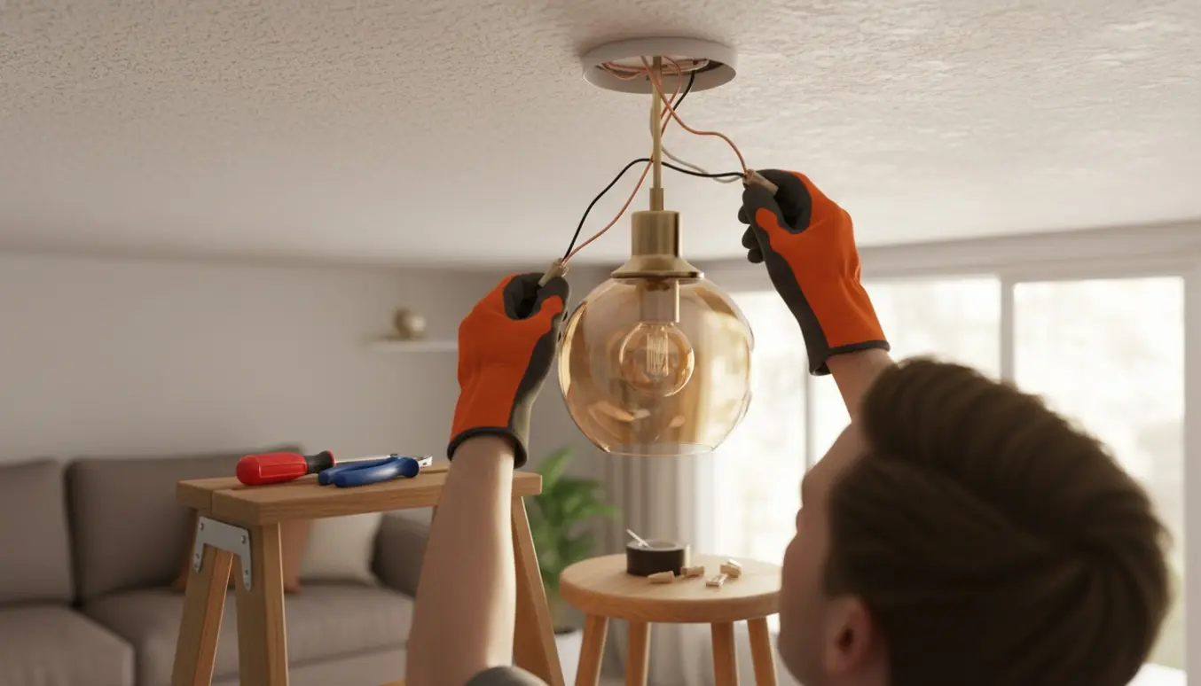 Nærbillede af hænder på en stige, som monterer en loftslampe med værktøj og isolerede handsker.