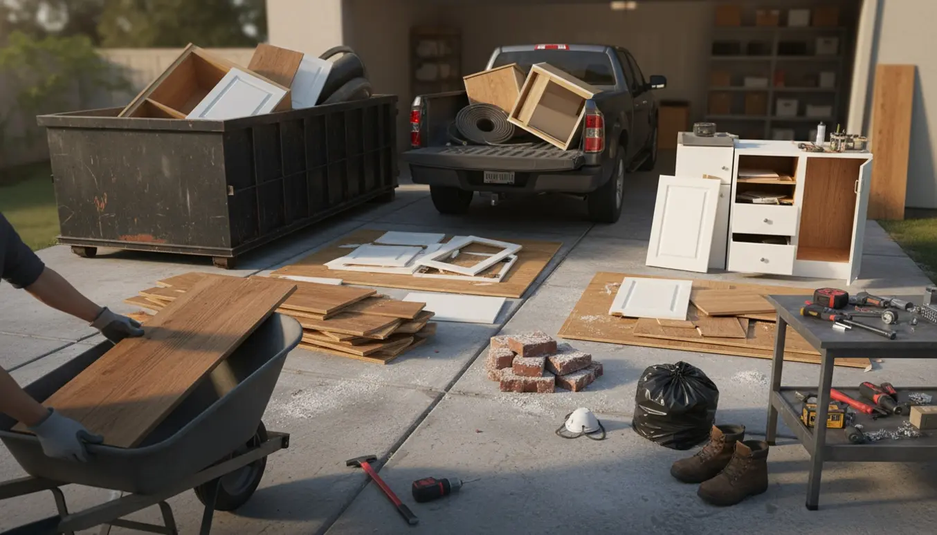 Handsker læsser afskårne køkkenplanker og en lille bunke mursten i en container på en solbelyst indkørsel.