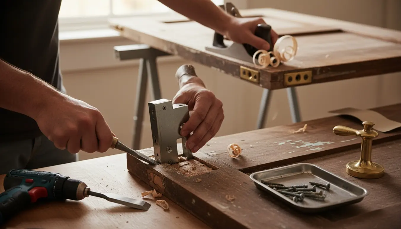 Hænder monterer en låsekasse og håndtag i en gammel trædør med værktøj og træspåner omkring.