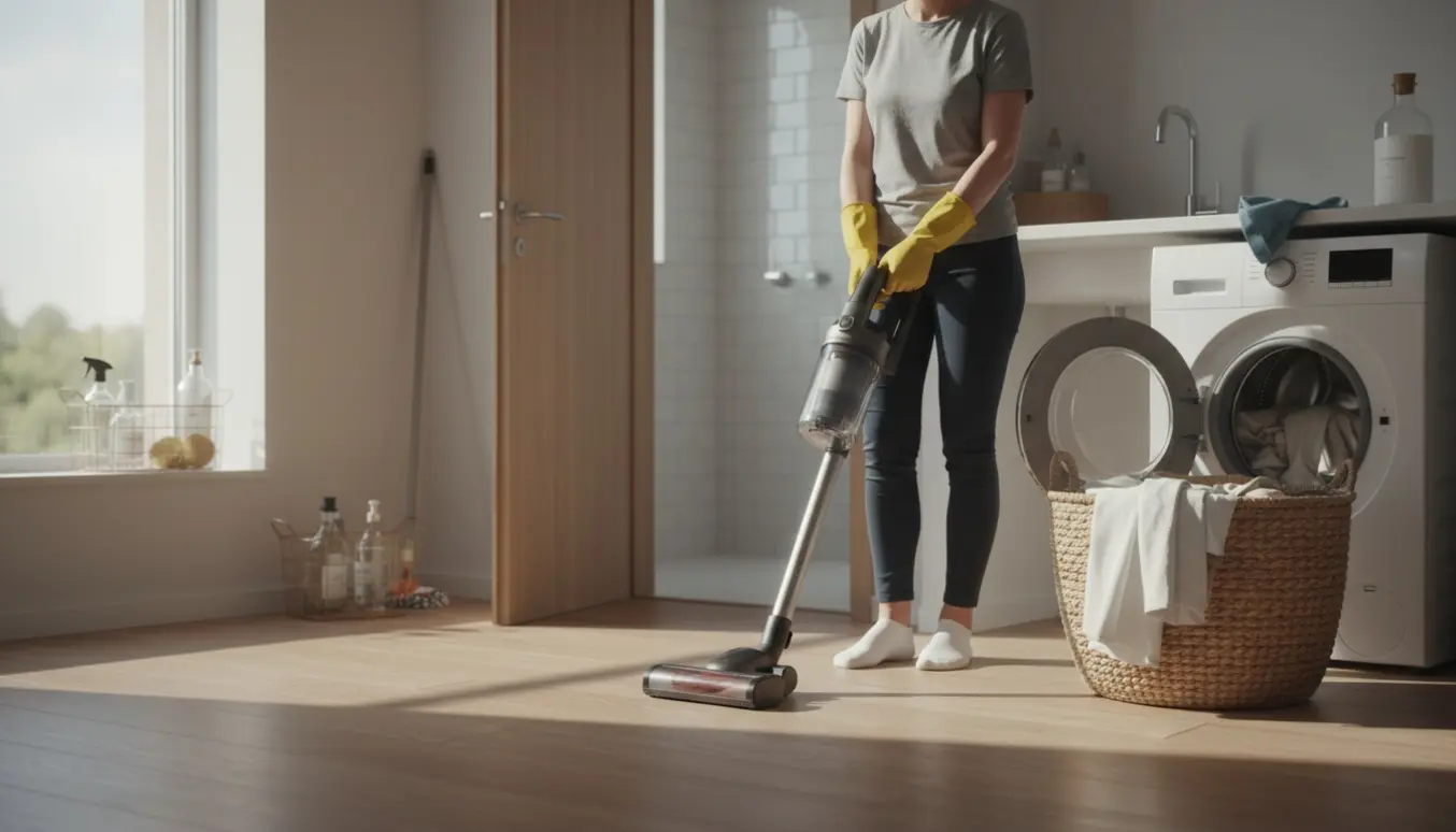 Rengøringsperson (ansigt ikke synligt) støvsuger et lyst skandinavisk hjem med vasketøjskurv og rengøringsmidler i nærheden.